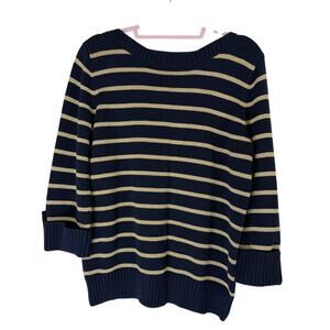 Jones New York Navy w/Gold Sparkle Stripes Nautical Knit Pullover Sweater XL